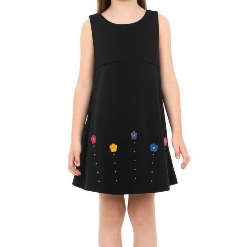 Floral Black Dress Girls 6 Multi-Color A-Line Sleeveless Floral Applique Party